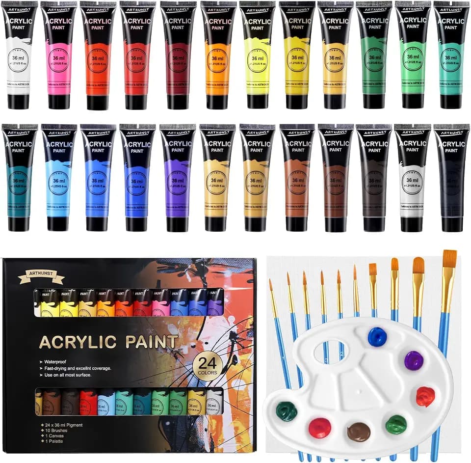 Acrylfarben Set, 24 x 36 ML Acrylfarbenset mit 10 Pinseln für Leinwand Holz Papier Keramik, Wasserdichte Acrylfarbe mit Lebendiger Farbe für Künstler, Anfänger, Kinder
