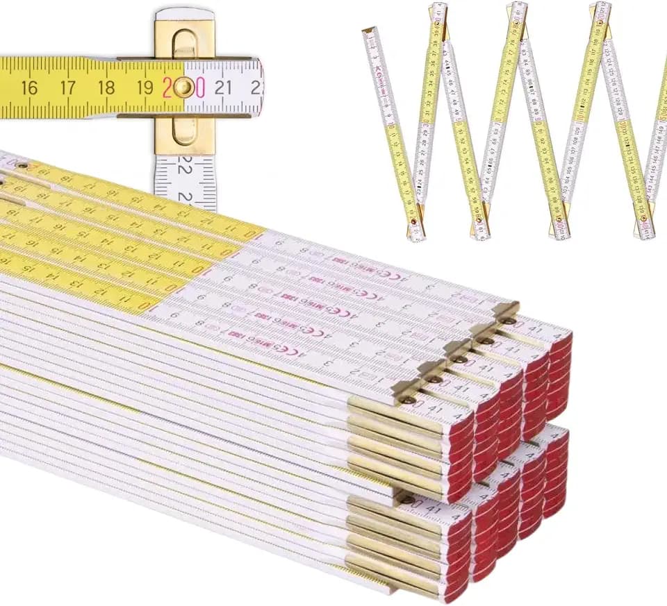 Metrie™ Zollstöcke Perfekt 10 – Gliedermaßstäbe 2m | Weiß-Gelb | Lackiertes Holz, Stahlgelenke – Duplex Teilung, Hergestellt in der EU | Robuste & Präzise Holz-Gliedermaßstäbe | 10 Stück