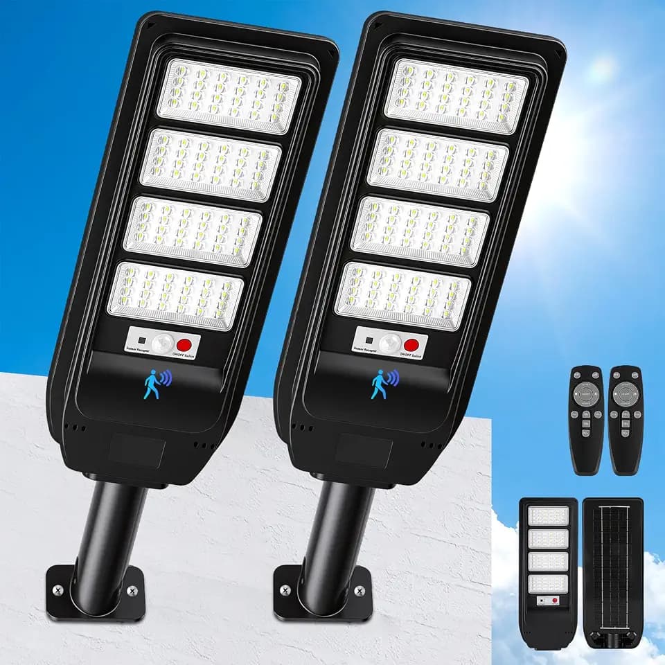 Solar Street Lights Outdoor 2-Pack, 18000LM 6500K Waterproof LED Motion Sensor Solar Flood Light, Dusk to Dawn Outdoor Lighting with Remote, Solar-Powered Commercial Area Lighting for Parking Lot Yard