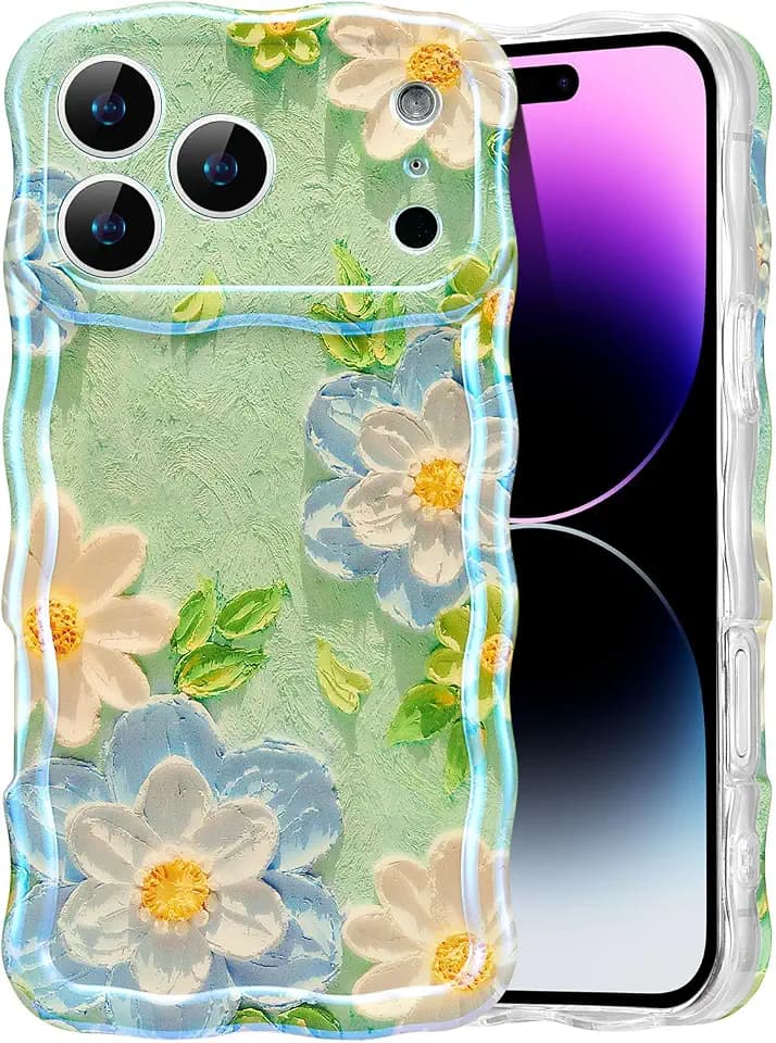 EYZUTAK Case for iPhone 17 Pro Max, Colorful Oil Painting Flower,Blue White
