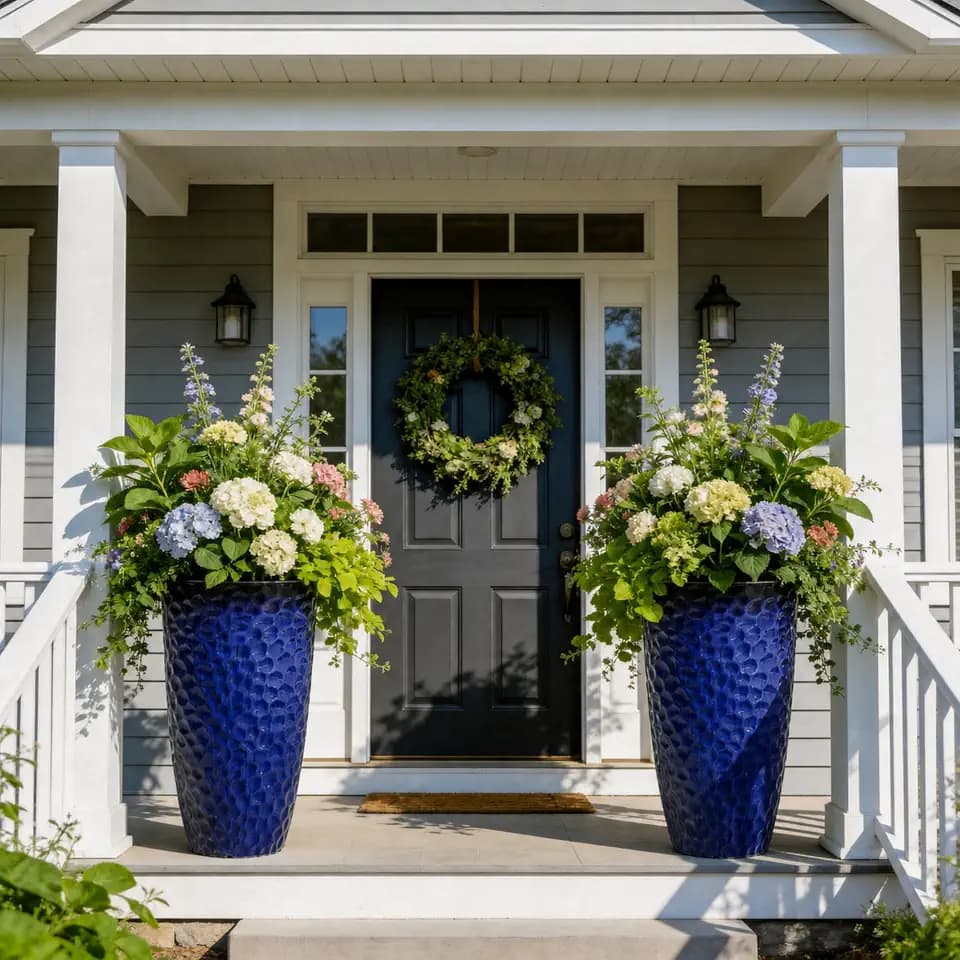 23.75" Cobalt Blue Plastic Tall Planters with Honeycomb Texture