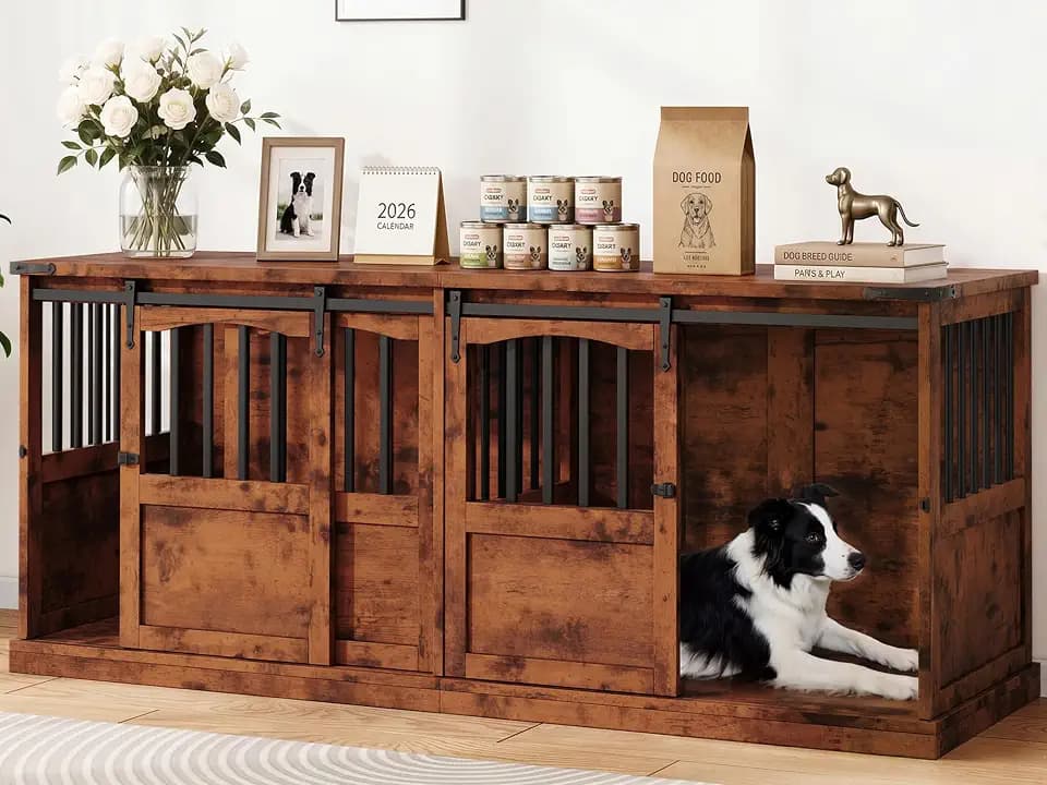 72" Double Dog Crate Furniture, Extra Large Dog Kennel with Barn