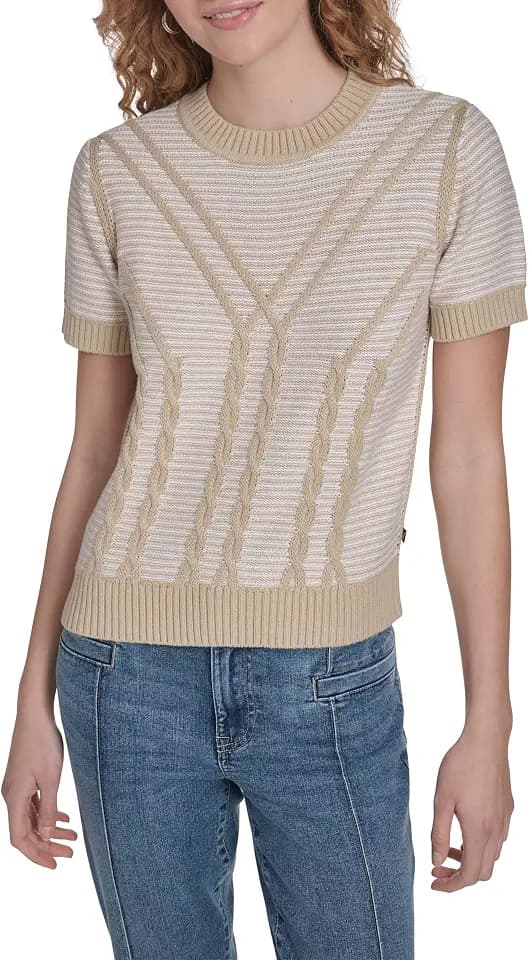 Nautica Women's Short Sleeve Striped Pullover Sweater with Tipping