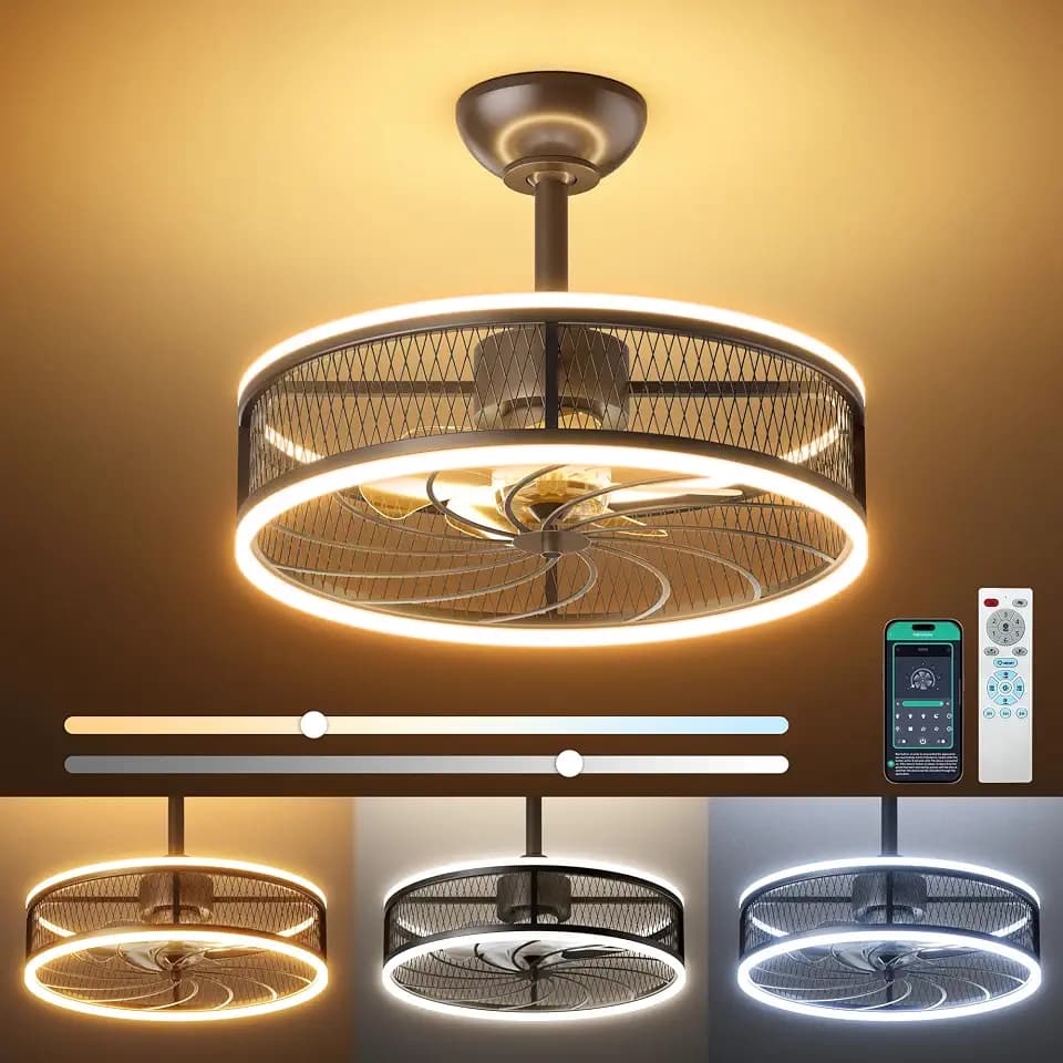 ULG 20" Caged Ceiling Fan With Light, 3 Colors Dimmable Vintage Fandelier, Farmhouse Flush Mount With Remote & APP Control, 6-Speed Quiet Wind Reversible 2024 New