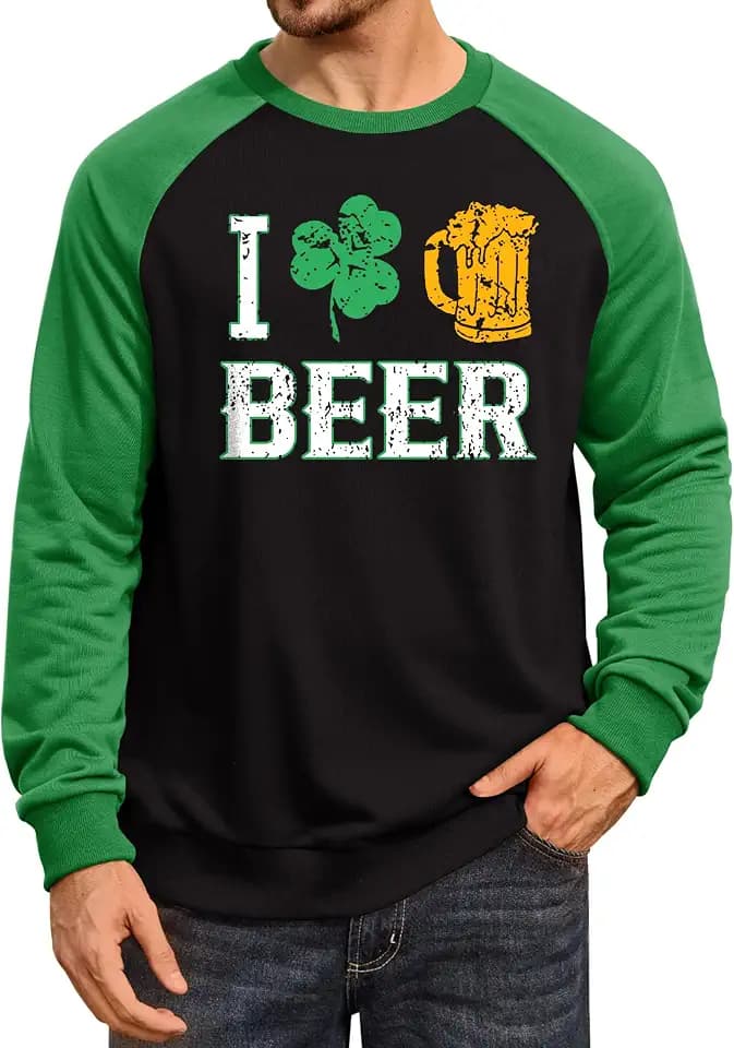 Arvilhill Mens St Patrick's Day Sweatshirts Raglan Soft Charm Shamrock Irish Long Sleeve Pullover (S-3XL)