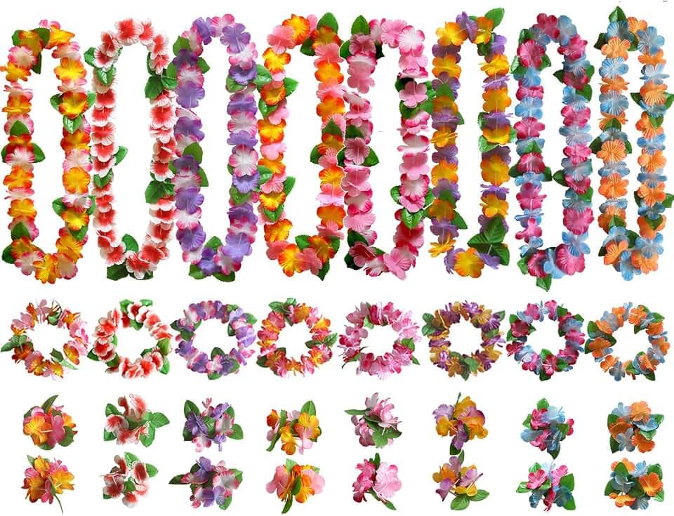 32 Stück Hawaii-Blumenketten Set mit Halsketten, Stirnbändern & Armbändern für Luau Party Hawaiianischen Strandparty, Tropical Hawaii Party, Strandurlaub und Musikfestivals (Bunt-32pcs)