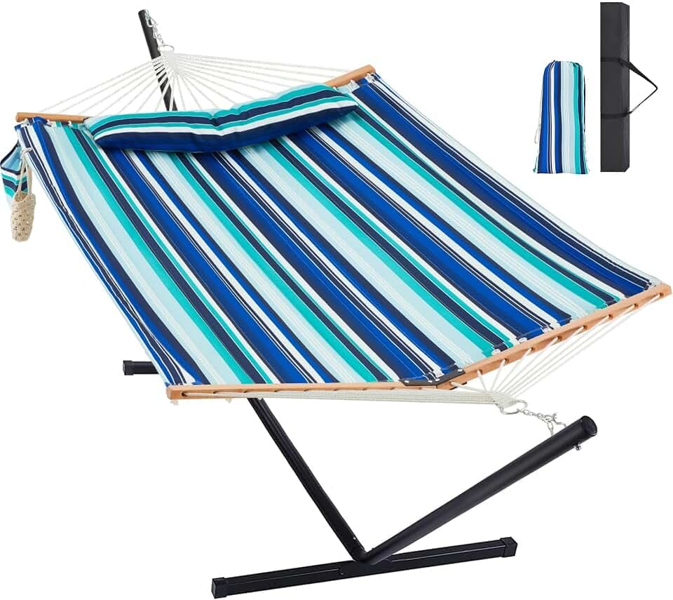 Homgava Two Person Hammock with Stand for Outside, Blue Stripes