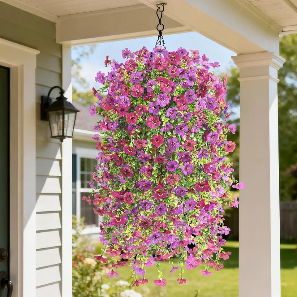 INQCMY Artificial Hanging Flower Baskets for Spring Outdoor Decoration Fake Plants UV Resistant Faux Silk Daisy with Eucalyptus Leaves Realistic Look for Home Porch Patio Yard