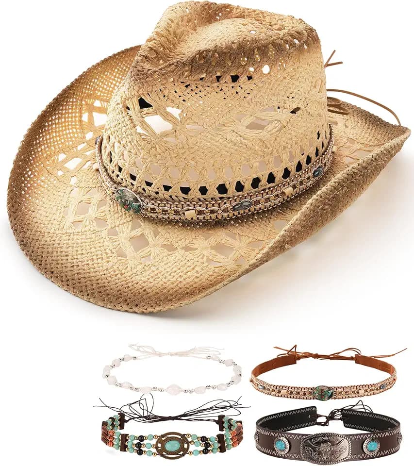 FURTALK Straw Cowboy Hat for Women with 4 Decorative Bands Cowgirl Hat
