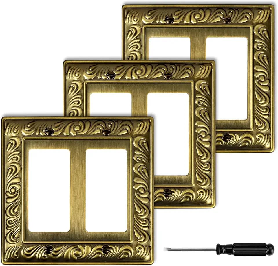 3 Pack Antique Brass Decorative Double Decorator Light Switch Covers Plate
