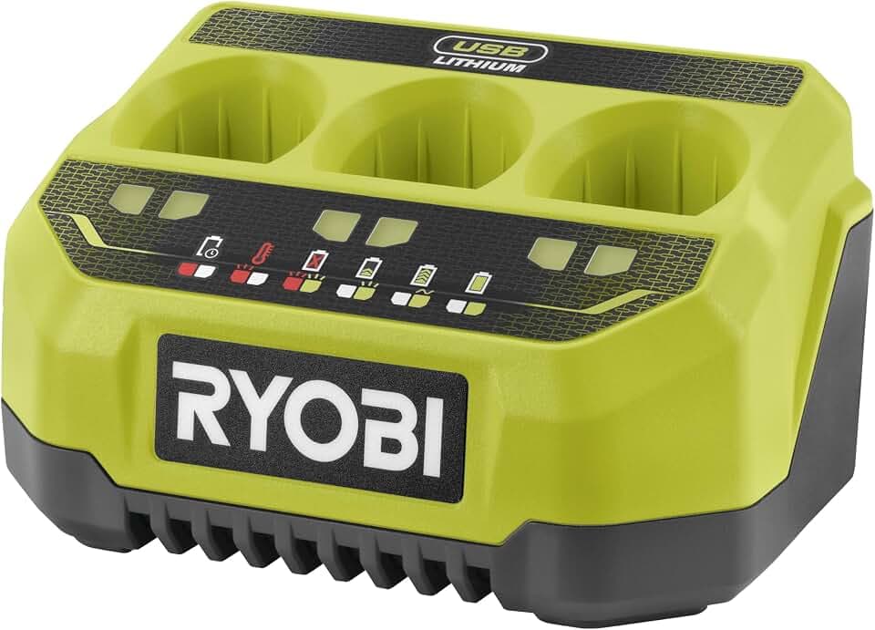 RYOBI 4 V USB-Lithium 3er Akku-Ladegerät RC43P, Sequenzielles Ladegerät mit bis zu DREI Akku Steckports