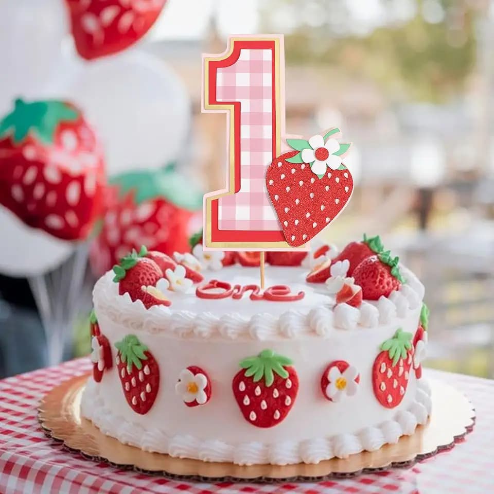 Berry 1st Birthday Cake Topper - Strawberry One Birthday Decorations,Red Berry Sweet Party Photo Props,First Strawberry Cake Topper,Summer Fruit Party Decorations