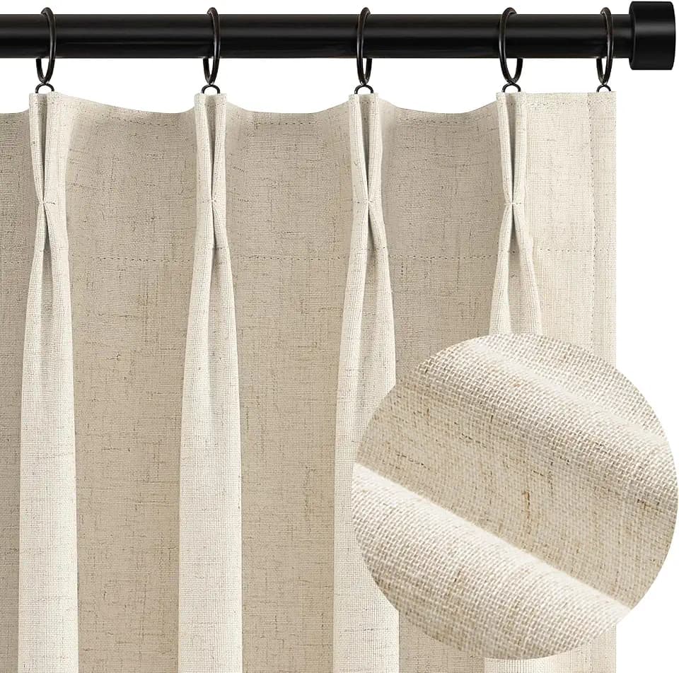 Topfinel 102 Inches Long Cream Colored Custom Total Blackout Linen Curtains, Tan Pinch Pleated Curtains with Pin Hooks for Traverse, Burlap Viral Drapes 2 Panels for Living Room Master Bedroom