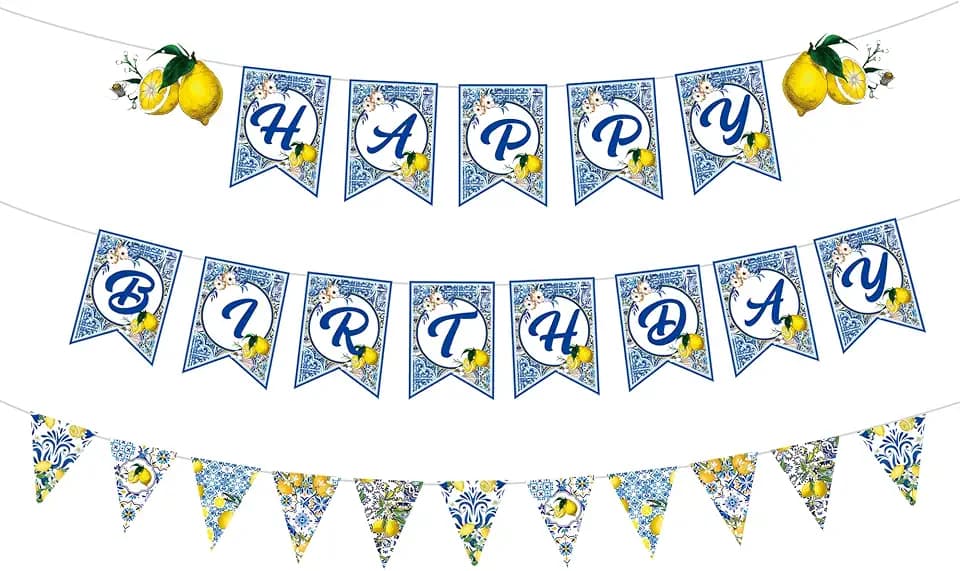 Capri Lemon Party Decorations Mediterranean Party Banners Italy Blue Tiles Banners Lemon Bunting Birthday Supplies for Summer Themed Party Decor Lemonade -Themed Parties, Backyard Celebrations