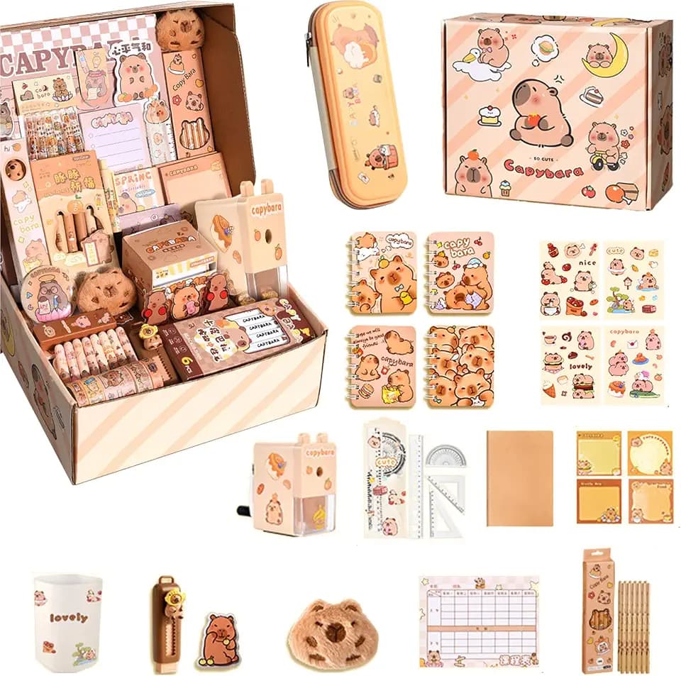 Capybara Schreibwaren Set |Capybara Sachen Federmäppchen Aesthetic Groß Mit Bleistifte, Aufkleber, Bleistiftspitzer,Süßes Schreibwaren Geschenkset für Kinder (A)