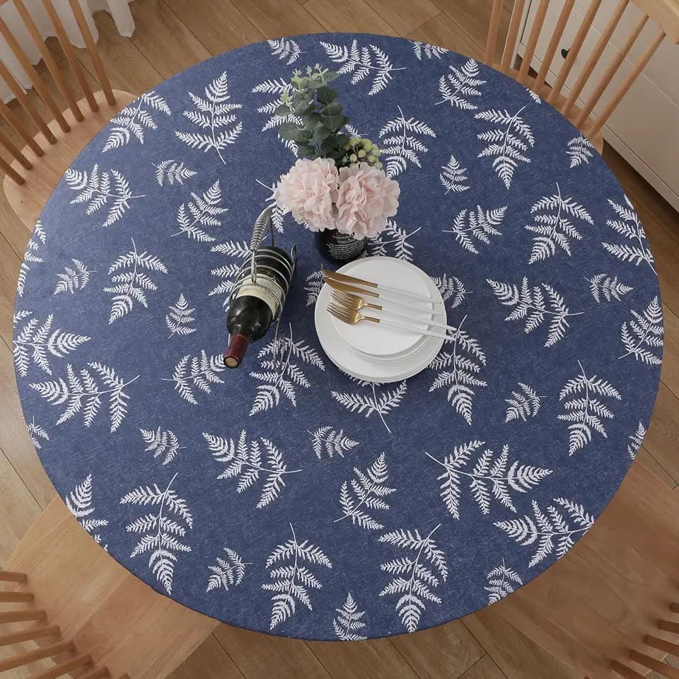 Round Vinyl Fitted Tablecloth, Waterproof Elastic Table Covers Wipeable Flannel Backed Tablecloths for Picnic Camping Indoor and Outdoor (Leaf, Prussian Blue, Fits 40" to 44" Diameter Tables)