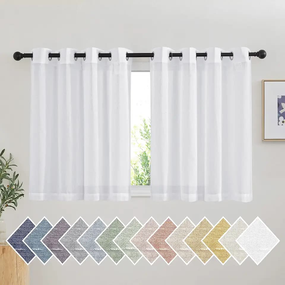 NICETOWN White Short Curtains for Small Window, Grommet Semi Sheer Linen Blend Causal & Rustic Kitchen Curtains & Drapes for Cafe/Nursery, W52 x L36, 2 Panels