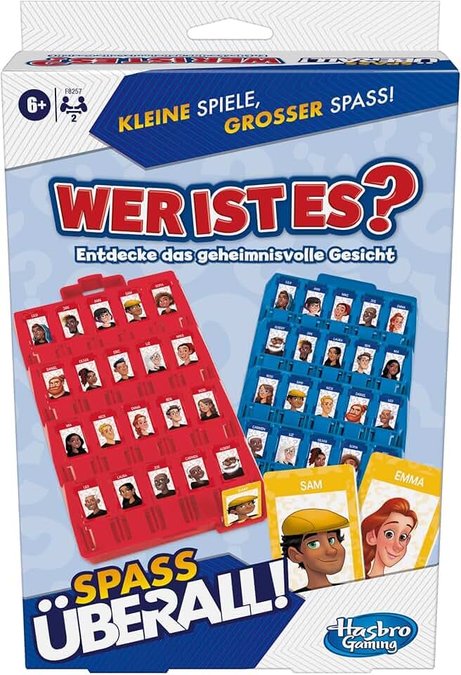 Wer ist es?, Ratespiel für 2 Spieler, kompaktes, klassisches Spiel, deutsche Version für Erwachsene und Kinder ab 6 Jahren, originelles Geschenk und Reisespiel für unterwegs