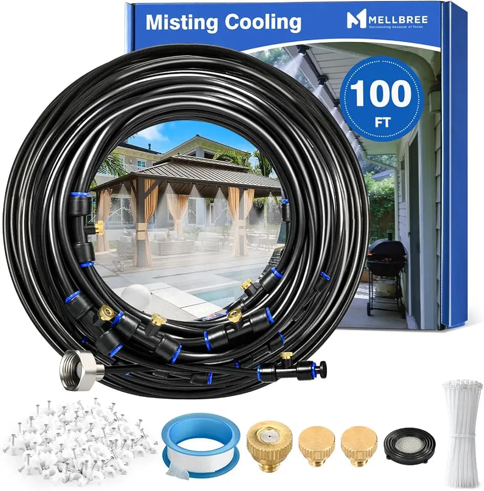 Mellbree Misters for Outside Patio 100FT/30M, Pre-Assembled Misting Cooling System with 30 Brass Nozzles & 3/4" Adapter, Outdoor Mister for Garden, Backyard, Livestock Ranch, Greenhouse, Pool Area