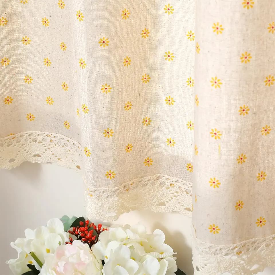 Farmhouse Cotton Linen Tier Curtain 31.4 Inch Long Elegant Floral Lace Window Valance Kitchen Bathroom Short Curtain, 1 Panel, Yellow Daisy