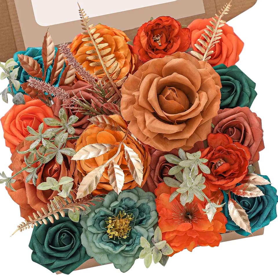 Serwalin Orange and Teal Artificial Fall Flowers, Fake Silk Flowers