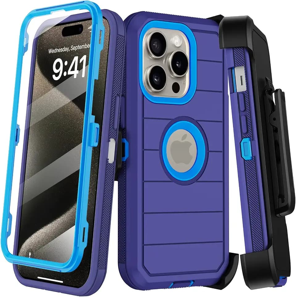 for iPhone 15 Pro Max Case with Belt Clip Holster,Built-in Screen Protector,Heavy Duty Shockproof Drop Protection Military Grade 3 Layers Rugged Phone Cover with Kickstand for Apple 15 ProMax (Blue)