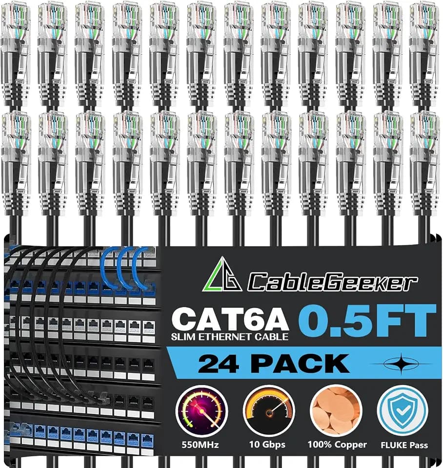 CableGeeker Cat 6A Slim Ethernet Patch Cables, 0.5 ft, 24-Pack, Black