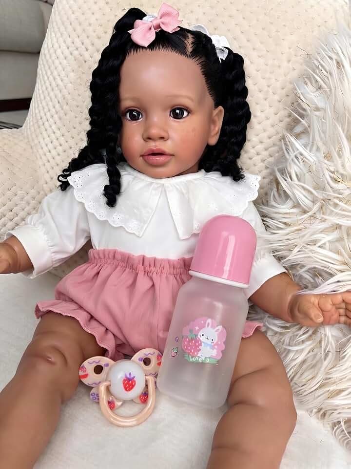 Pinky Lifelike Black Reborn Baby Dolls 26 Inch 68cm Baby Soft Body Realistic Newborn Baby Doll with Hair African American Real Life Baby Dolls Cloth Body Toy for Kids Age 3+