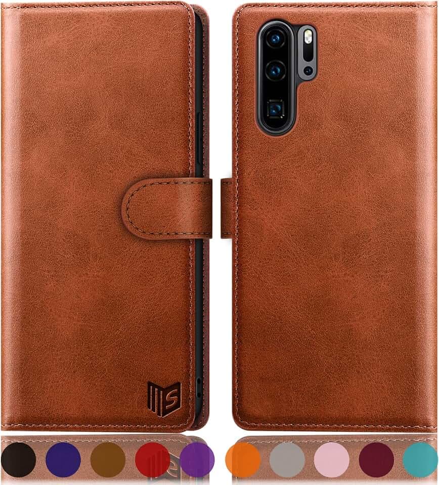 SUANPOT [RFID Schutz für Huawei P30 Pro Hülle PU Leder Handyhülle Lederhülle Klapphülle Kartenfach Flip Cover für Huawei P30 Pro Handy hülle Leather Wallet Phone Case Hellbraun