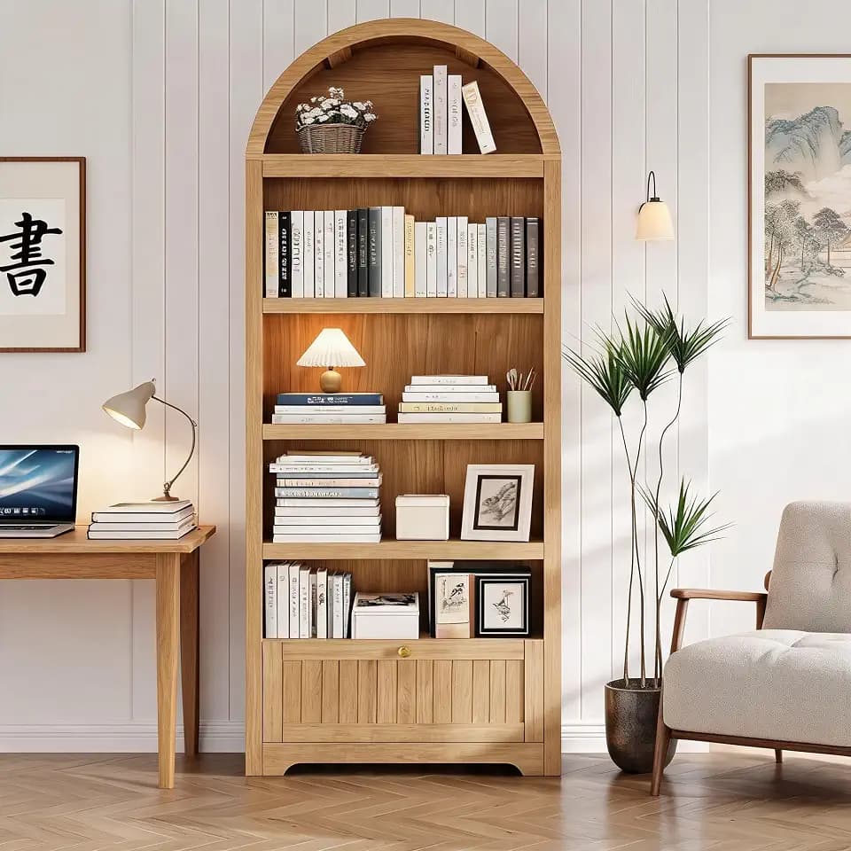 IDEALHOUSE Arched Bookcase with Drawer, 72 Inch Tall Bookshelf