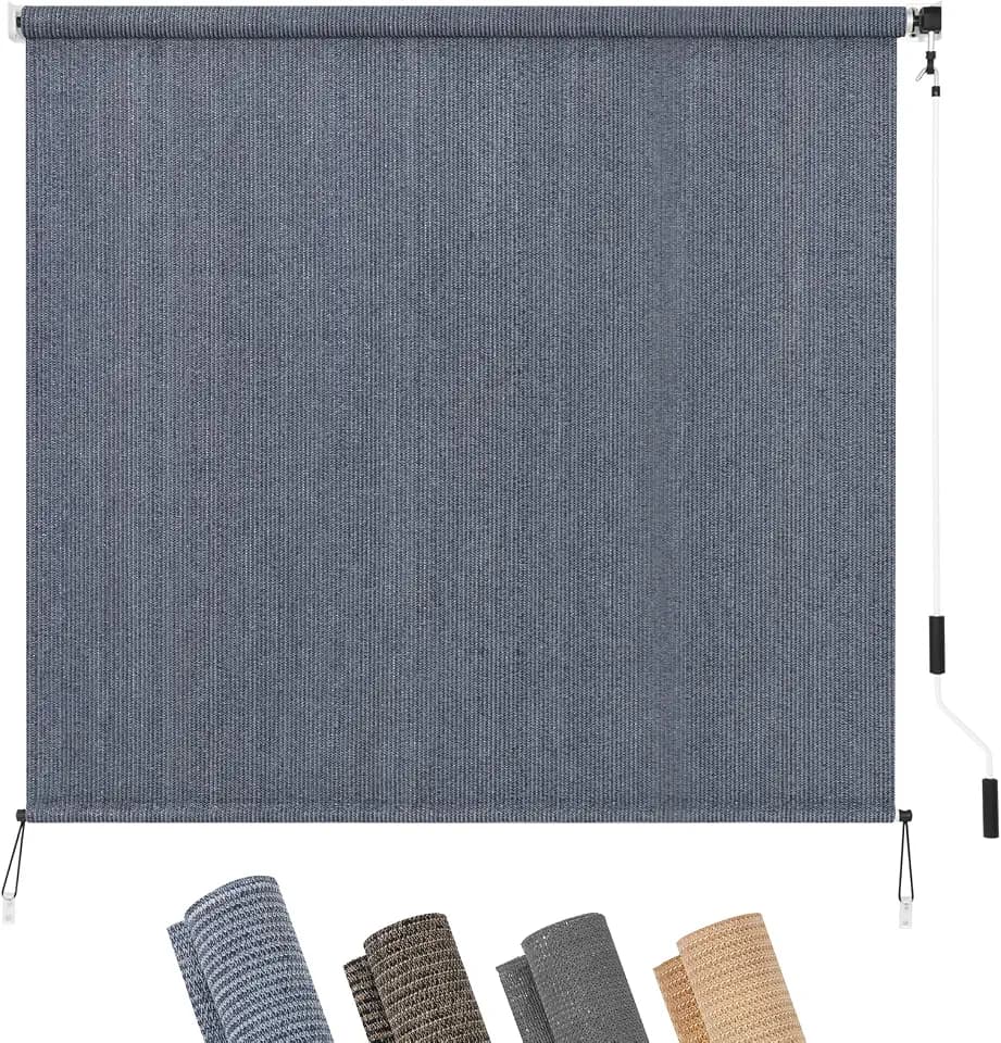KELIXU Patio Shades Roll Up Outdoor Blind, 8' W x 8' H Cordless Sun Shade Privacy Screen with 90% UV Protection Exterior Roller Shade Cloth for Porch Pergola Backyard Windows Balcony, Blue-Gray