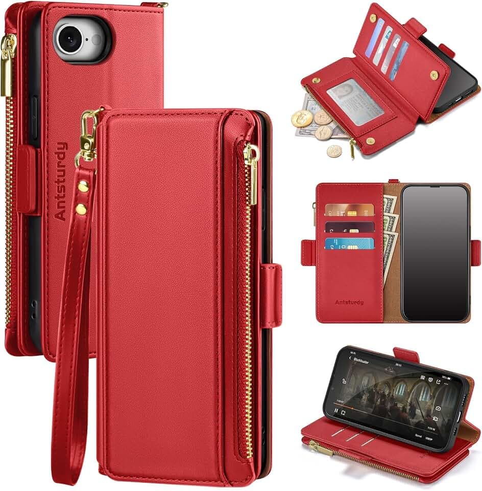 Antsturdy Compatible with iPhone 17e / 16e Wallet Case Women,Red