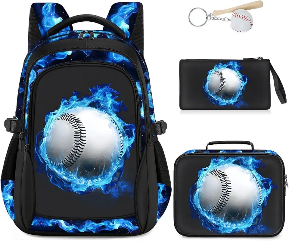 School Backpacks for Boys - 4pcs Baseball Boys Backpacks with Lunch Box Set for Kids Teens Elementary Middle School, 17″ Large Capacity Students Bookbag, Perfect for Travel