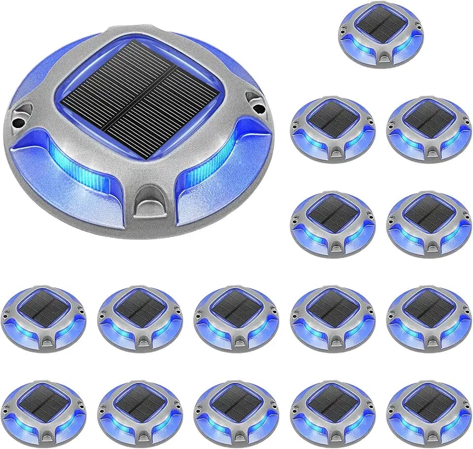 VOLISUN Solar Driveway Lights Dock Deck Lights 16 Pack,2 Colors in 1 Led IP67 Waterproof Outdoor Warning Step Lights for Driveway Sidewalk Pathway (White/Blue)