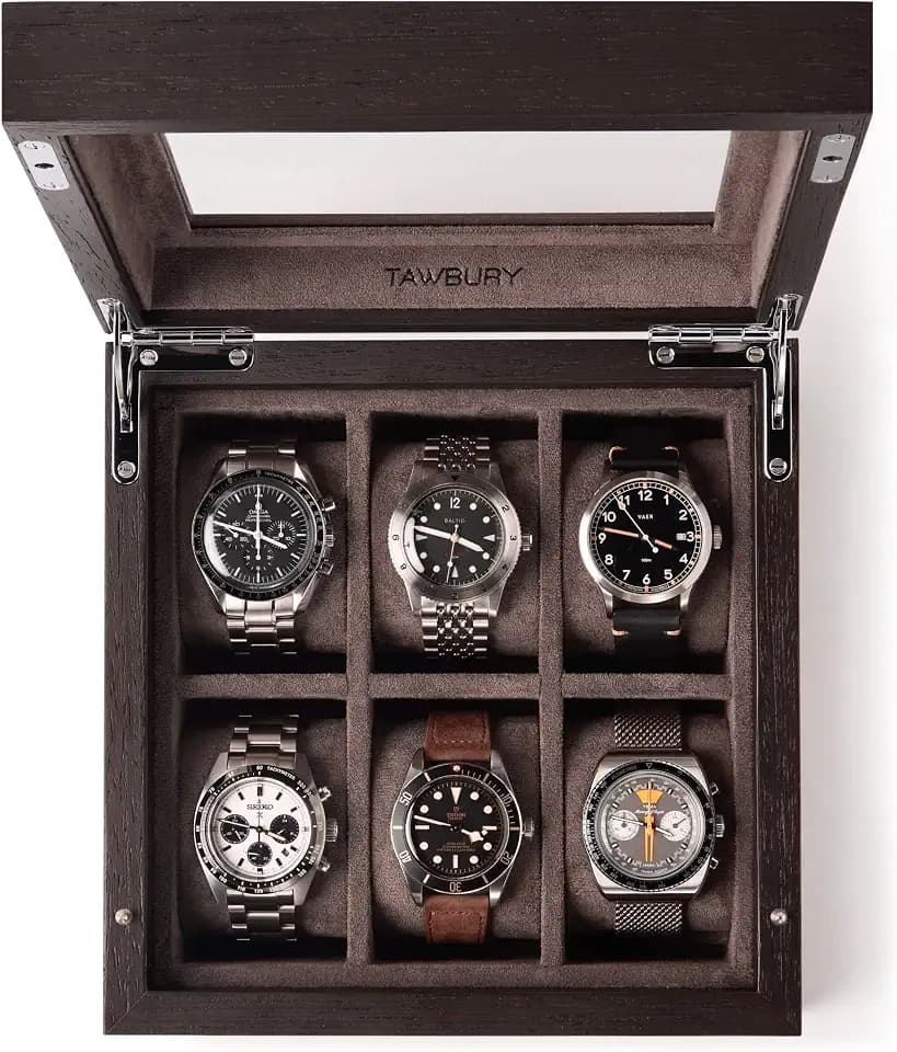 TAWBURY Uhrenbox Aus Kassod-Holz für 6 Uhren - Luxuriös Mit Glasdeckel | Für Herren Und Damen | Uhr Aufbewahrung | Uhr Etui | Watch Box