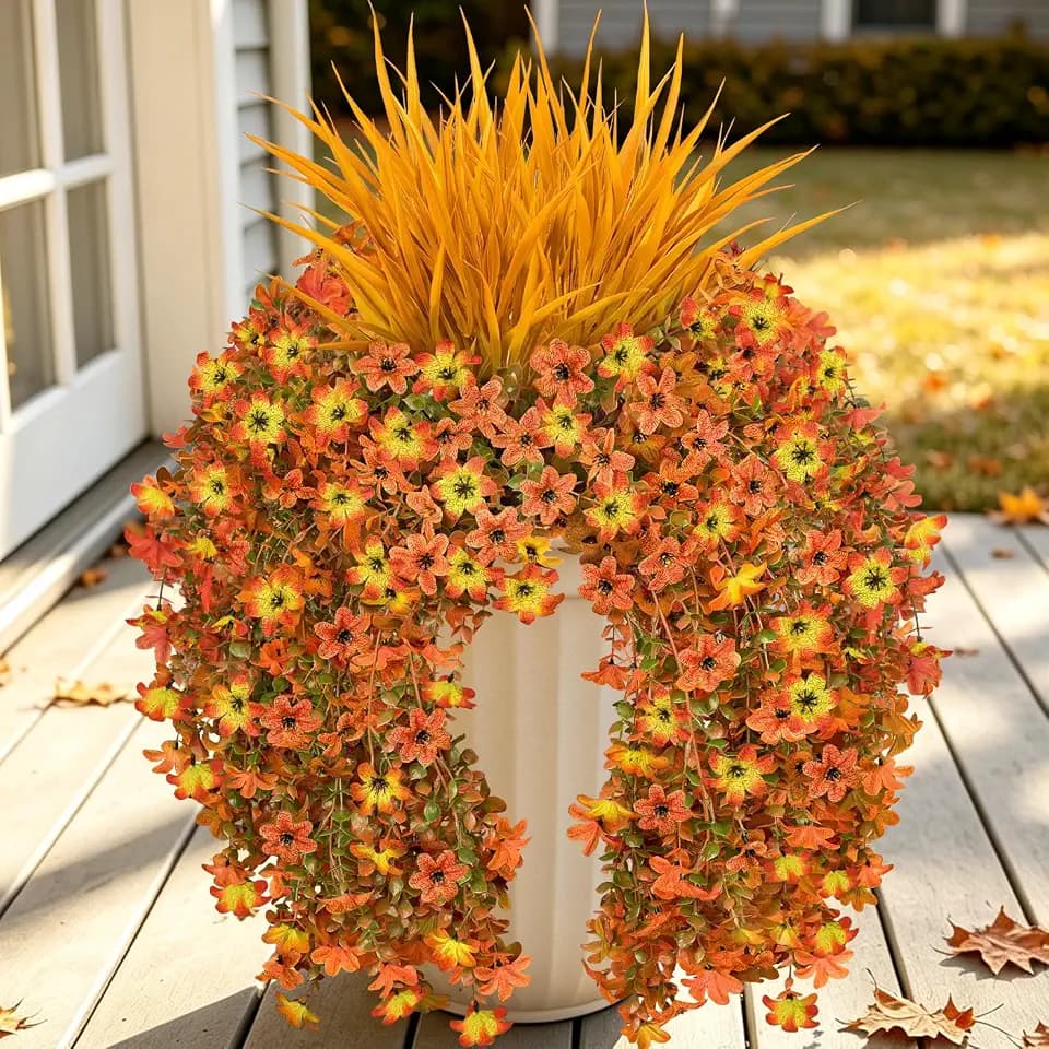 7PCS Artificial Fall Hanging Flowers for Outdoor, Six-Petaled Faux Mums