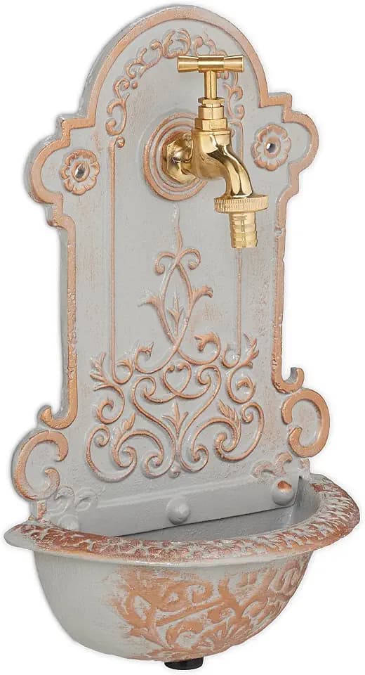 Relaxdays Wandbrunnen, nostalgisch, Waschbecken & Wasserhahn, Gartenbrunnen HBT 36 x 22 x 10,5 cm, Gusseisen, Gold/grau