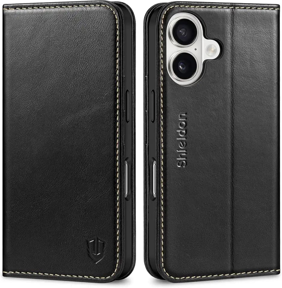 SHIELDON Genuine Leather Wallet Case for iPhone 16 6.1" 2024, Retro Black