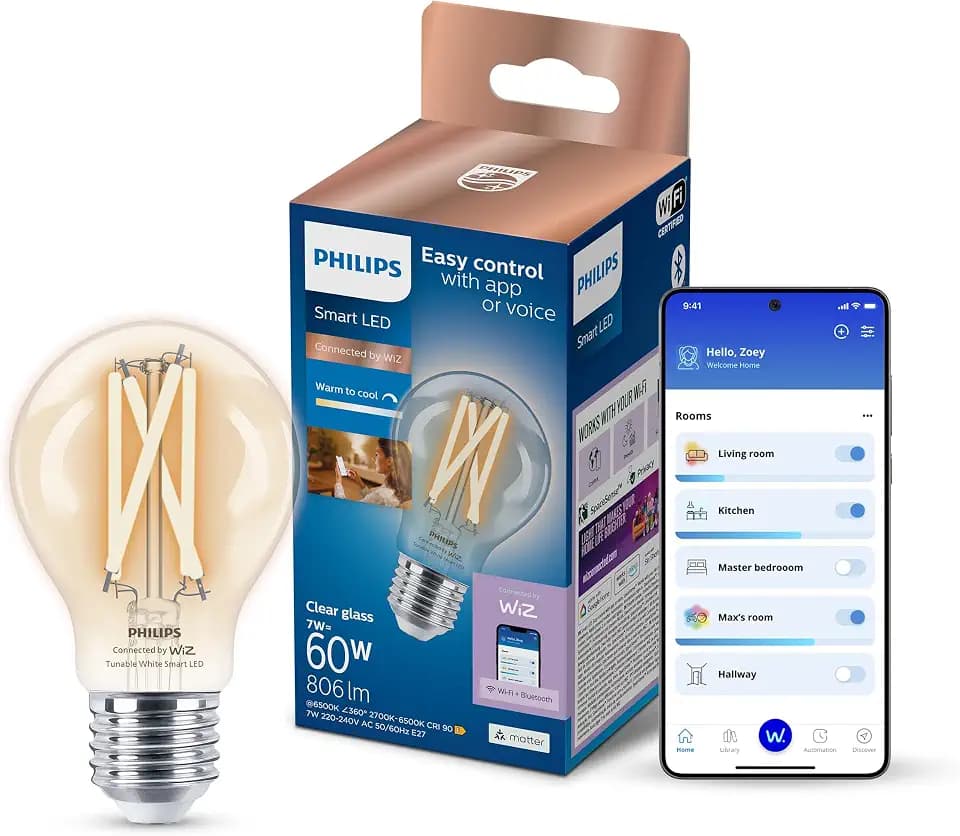 Philips Smart Lighting, Smart A60-LED-Lampe mit Filament, E27-Leuchtmittel, 806 lm, Einstellbares Weißlicht 2.200–6.500 K, Niedrig Dimmbar, Connected by WiZ, Alexa, Google Home, Apple Home