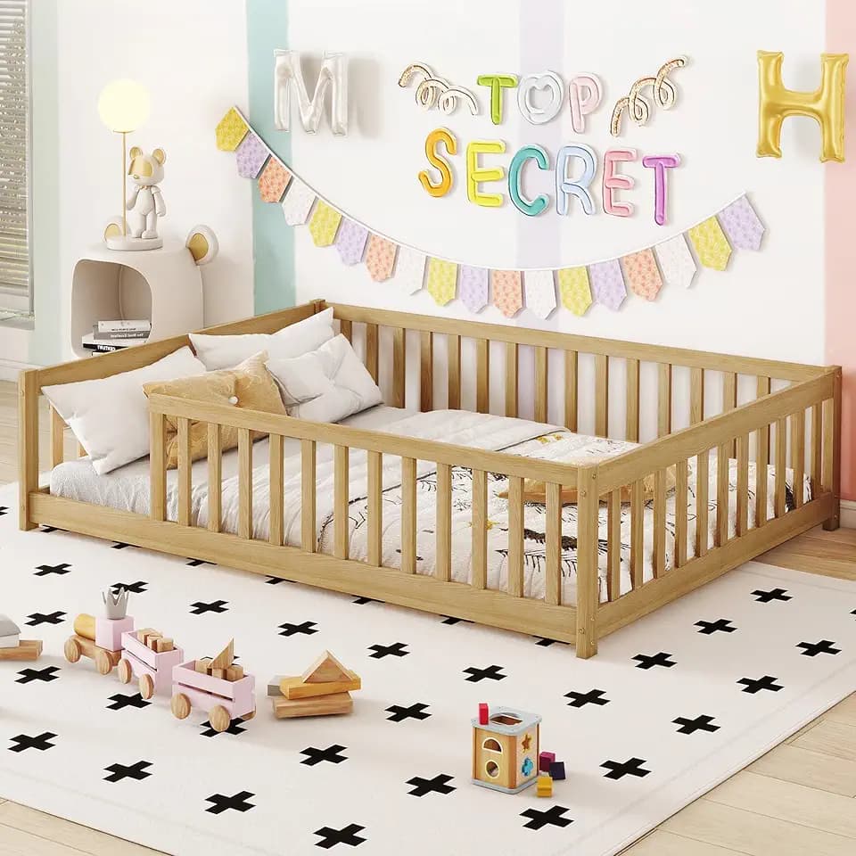 Bellemave Full Size Montessori Bed Frame with Fence,Solid Wood Floor Bed with Slats for Kids,Boys,Girls,No Box Spring Needed,Natural