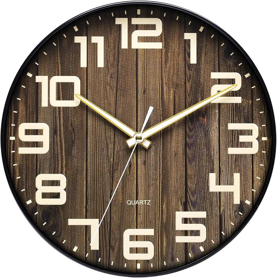 NUOVO Wanduhr, rund, aus Kunststoff, Holzimitat, geräuschlos, Keine Antwort, alte große Zahlen, Wohnzimmer, Schlafzimmer, Küche (30 cm)