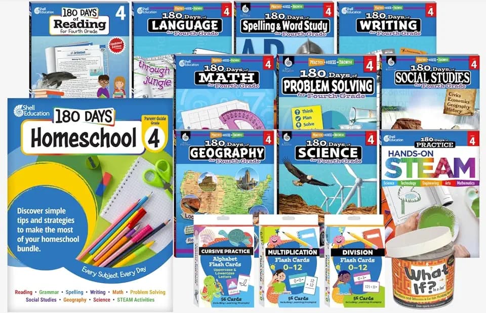180 Days® Homeschool Grade 4 Set: Every Subject, Every Day (ten 180 Days® activity books, three flash card decks, and one In a Jar activity cards, and a parent guide): Every Subject, Every Day