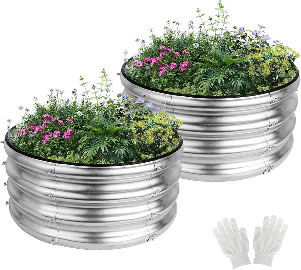 2 Pack 2x2x1ft Round Galvanized Raised Garden Bed Kits, Sliver
