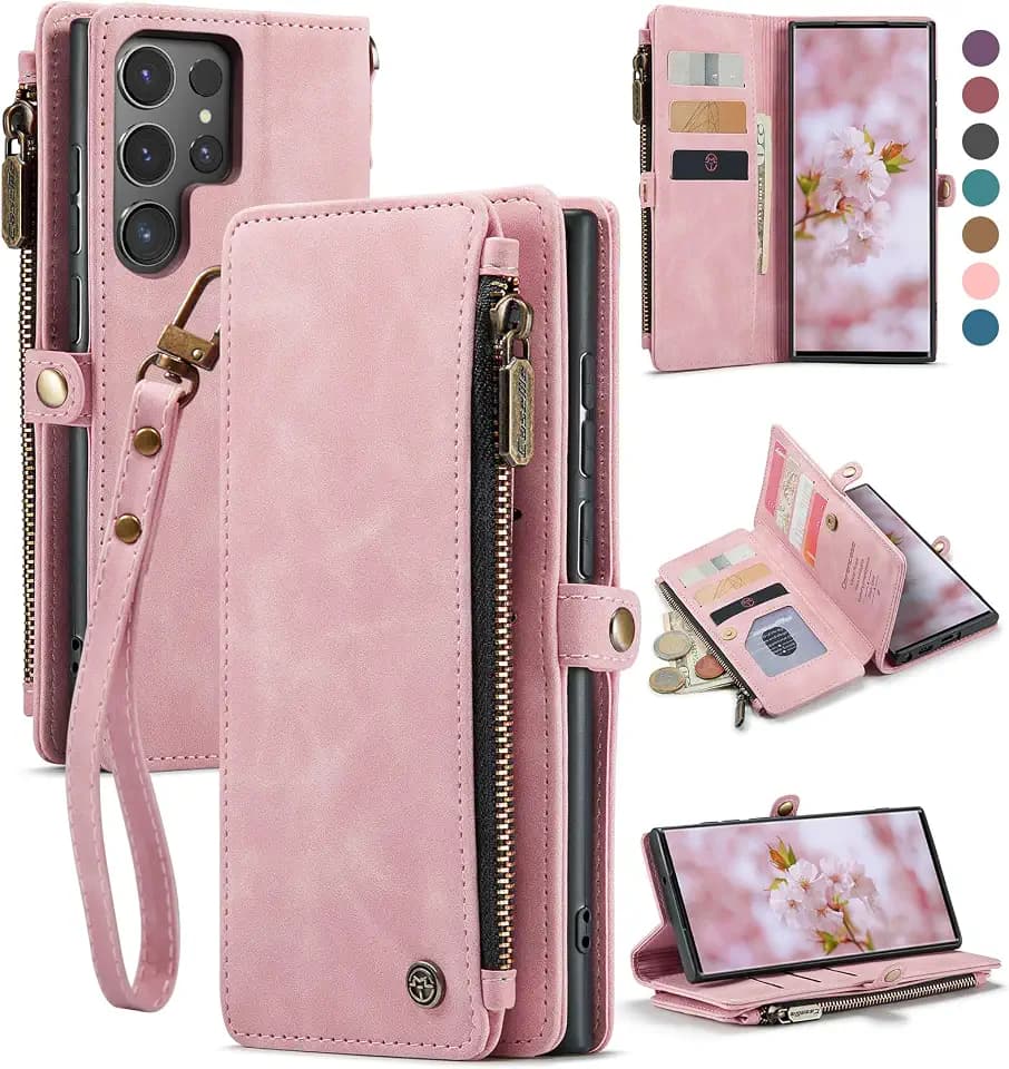 Defencase for Samsung Galaxy S22 Ultra Wallet Case with Card Holder, Pink