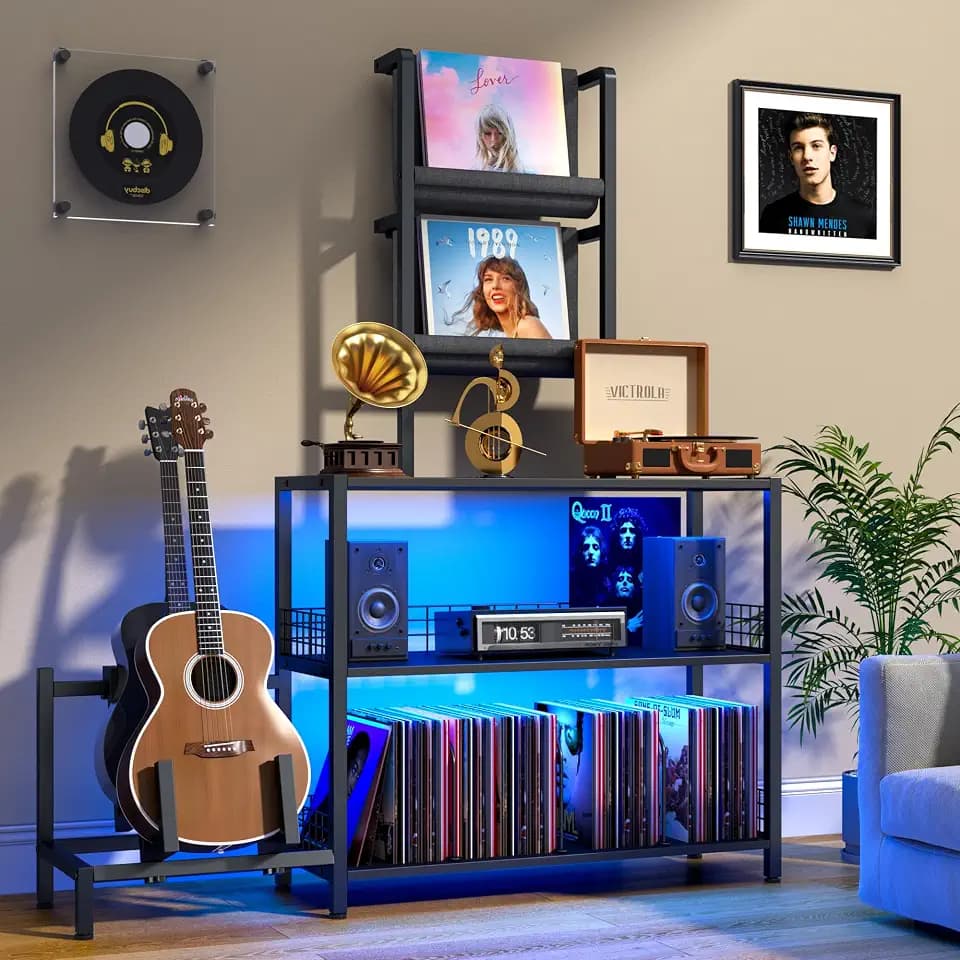 kepptory Tall Vinyl Record Player Stand with LED Lights, Record Storage Shelves with Vinyl Holder and Guitar Stand, Media Display Shelf, Mid Century Modern Bookshelf, Turntable Stand (Black)