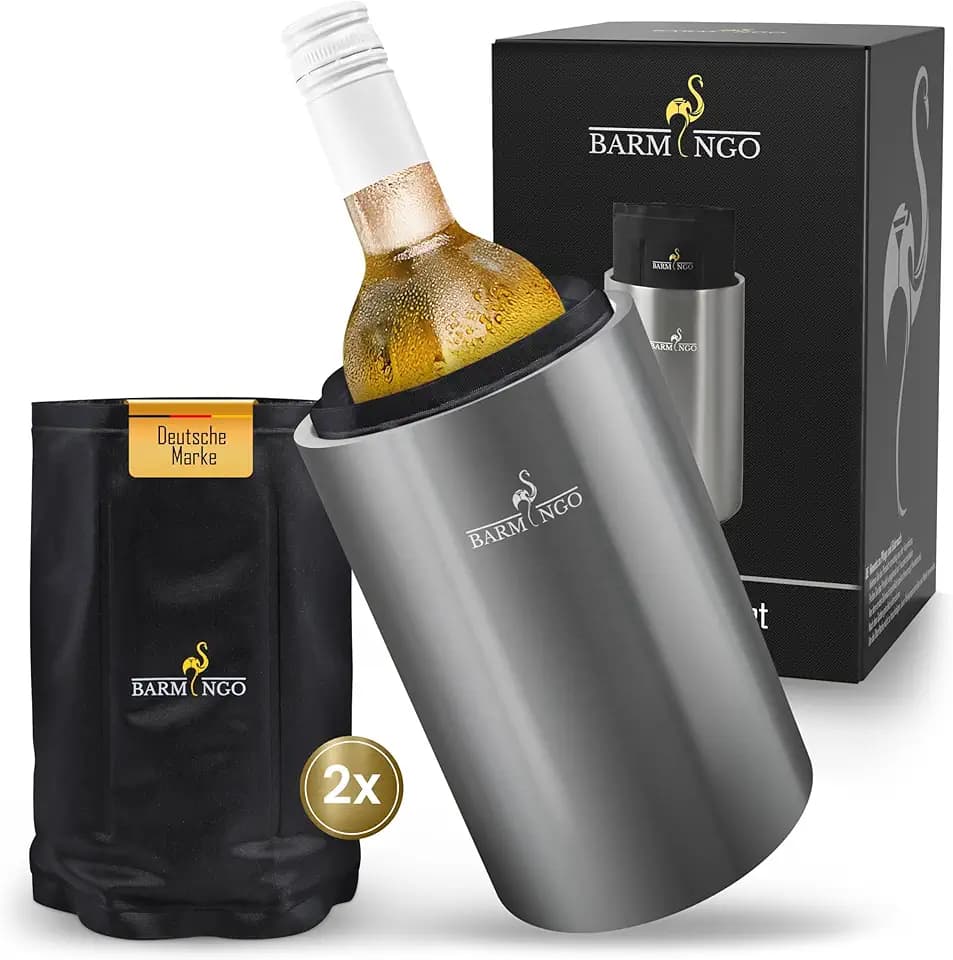 Weinkühler Edelstahl mit Kühlakkus – Getränkekühler & Flaschenkühler für Wein, Sekt, Champagner | Sektkühler doppelwandig mit Kühlmanschetten | Wine Cooler/Wein Kühler, Silber