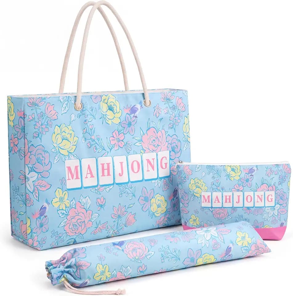 Soulchen 3 Pcs Empty Mahjong Bag Set for Tiles and Racks, Blue Floral
