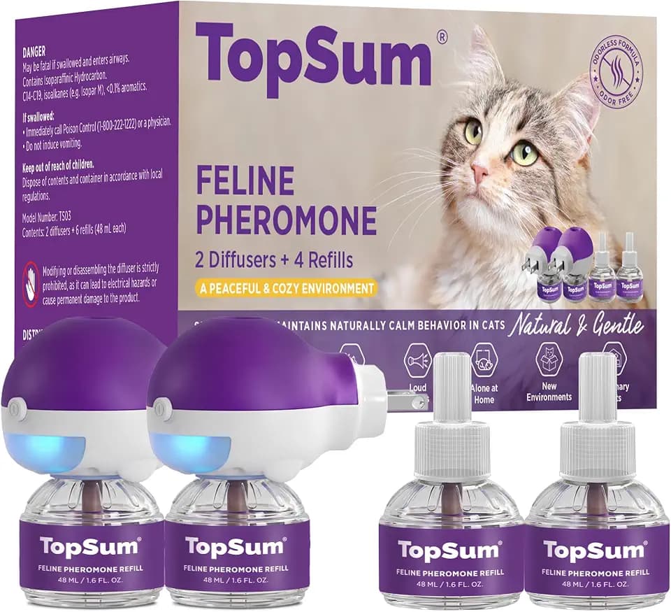 TopSum Cat Calming Pheromone Diffuser: Feline Pheromones Plug in for Stress, Alone At Home, Spraying, Fighting, Scratching, Aggression & Excessive Meowing (2 Diffusers + 4 Refills)