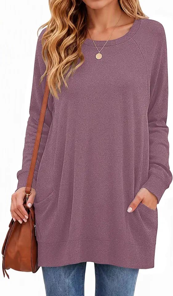 MISFAY Women's Long Sleeve Tunic Top Crewneck Loose Fit with Pockets