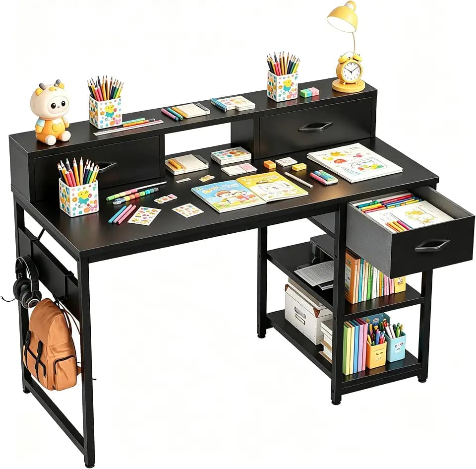 JUMMICO Schreibtisch 120x50 cm Kleiner Schreibtisch mit 3 Schubladen & Hängeorganizer, Kinderschreibtisch für Homeoffice, Studieren und Gaming, Schwarz
